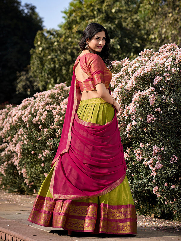 Parrot Green Kanchipuram Lehenga with Georgette Dupatta