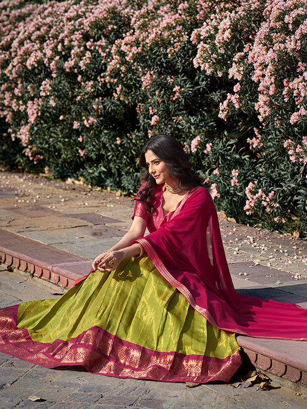 Parrot Green Kanchipuram Lehenga with Georgette Dupatta