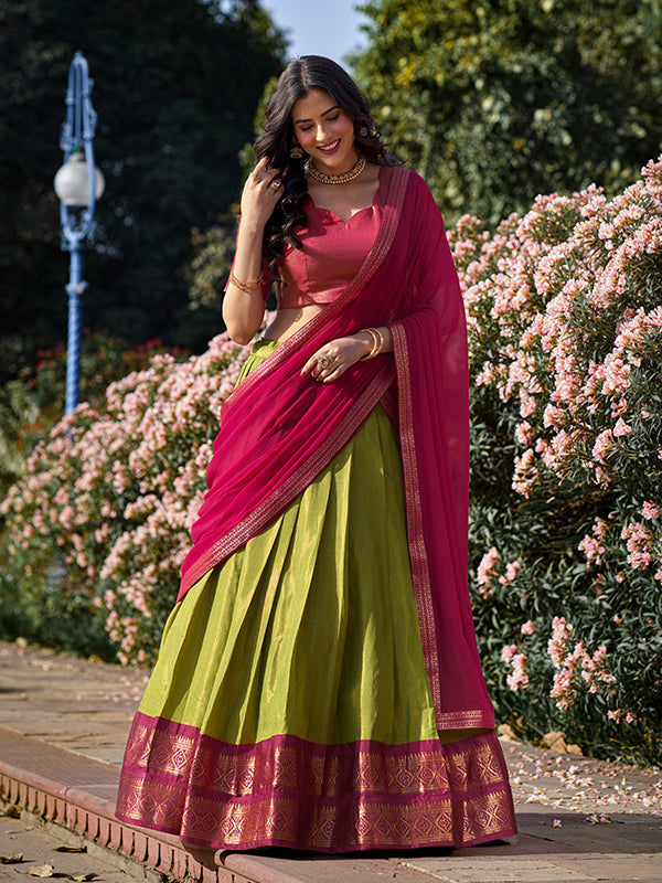 Parrot Green Kanchipuram Lehenga with Georgette Dupatta