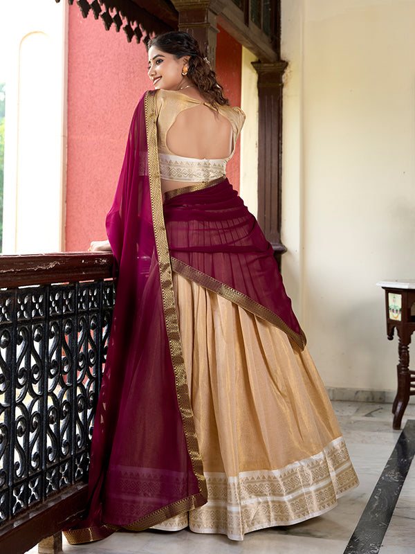 Cream Kanchipuram Zari Weaving Lehenga Choli