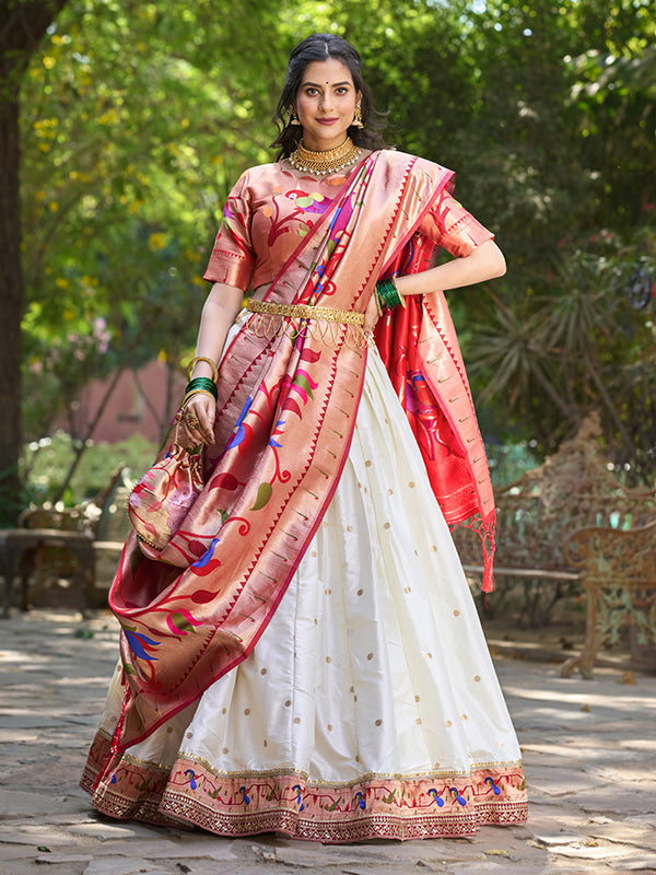 White Jacquard Silk Paithani Zari Weaving Lehenga Choli