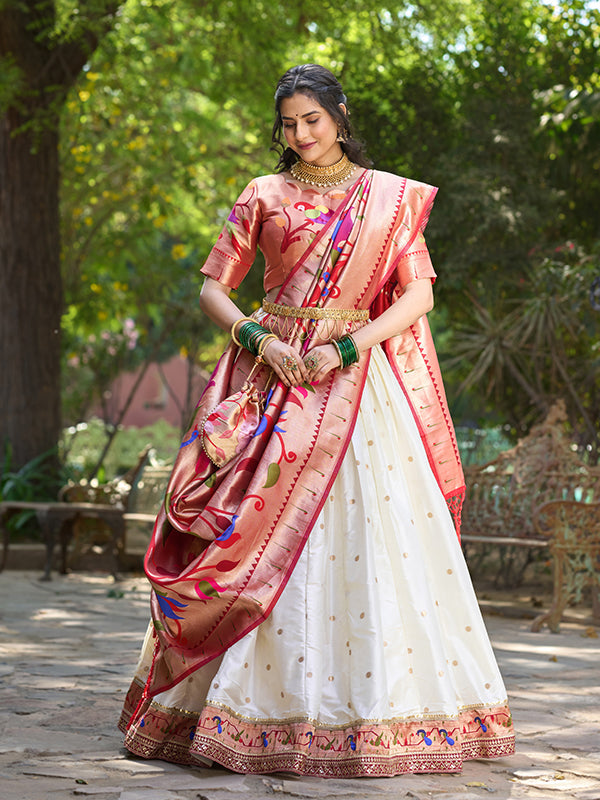 White Jacquard Silk Paithani Zari Weaving Lehenga Choli