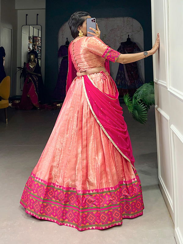 Peach Jacquard Silk Kanjivaram Lehenga Choli With Dupatta