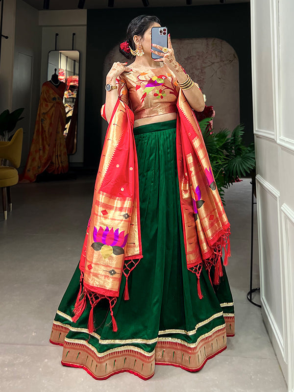 Dark Green Vichitra Silk Lace Border Lehenga Choli