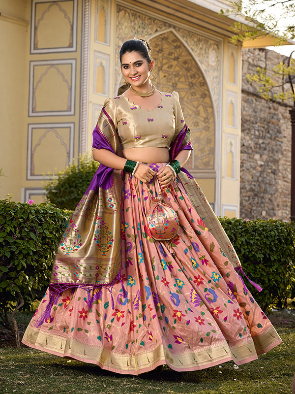 Peach Jacquard Silk Paithani Zari Weaving Lehenga Choli