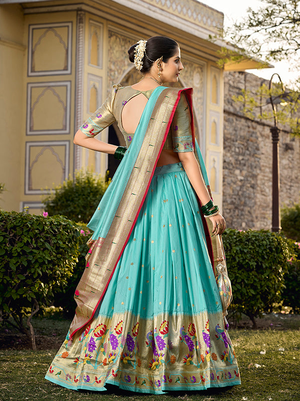 Sky Blue Jacquard Silk Paithani Zari Weaving Lehenga Choli