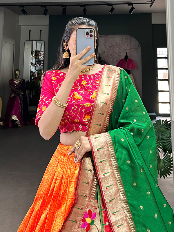 Orange Paithani Zari Weaving Lehenga Choli With Dupatta