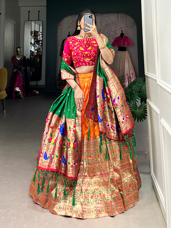 Orange Paithani Zari Weaving Lehenga Choli With Dupatta