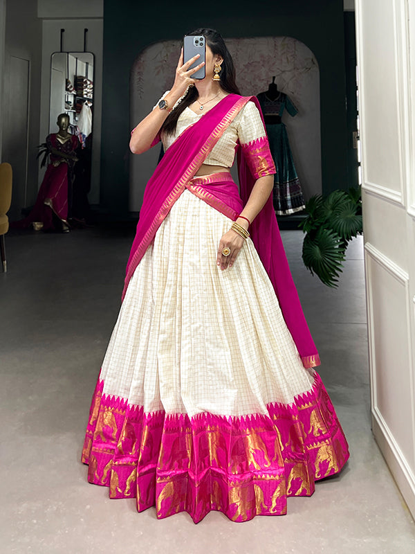 Pink & White Kalyani Cotton Lehenga Choli With Dupatta