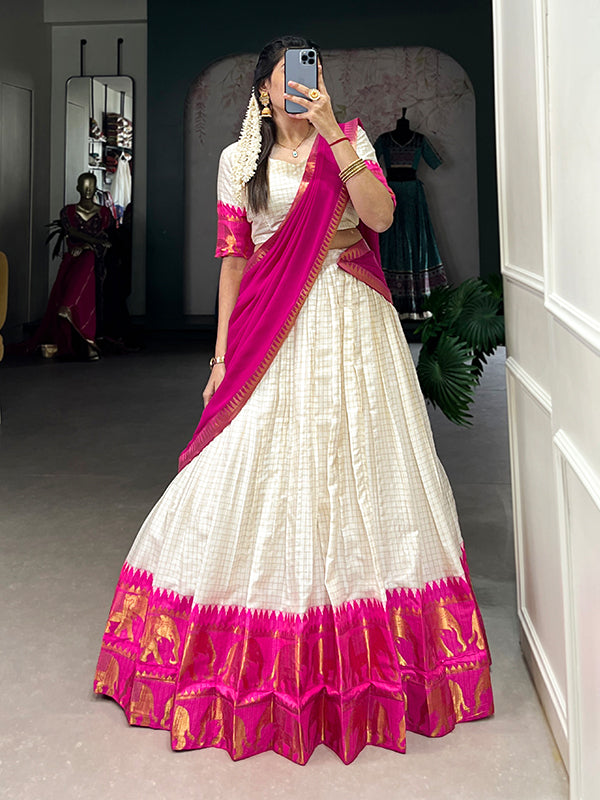 Pink & White Kalyani Cotton Lehenga Choli With Dupatta