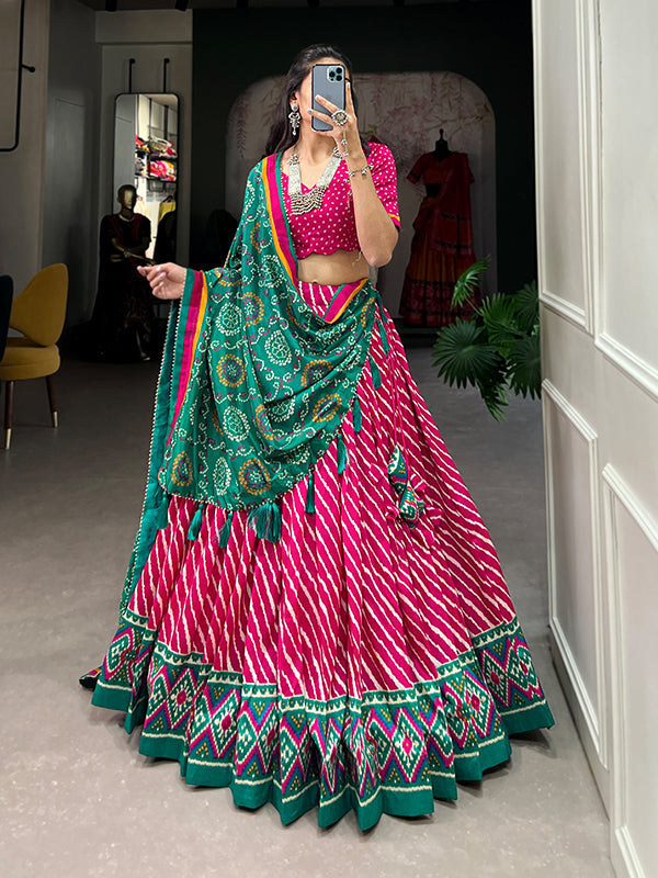 Pink Tussar Silk With Leheriya Patola Print Lehenga Choli With Dupatta