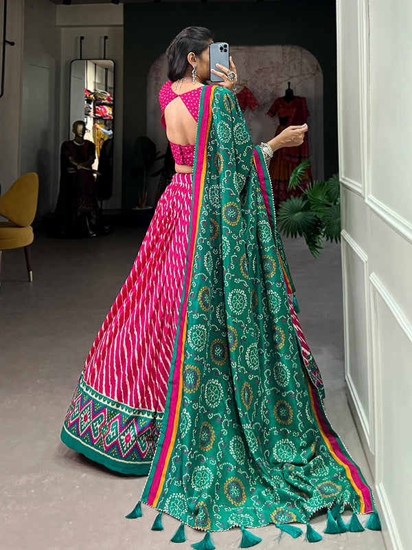 Pink Tussar Silk With Leheriya Patola Print Lehenga Choli With Dupatta