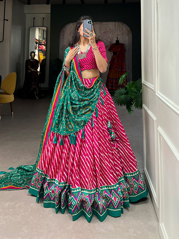 Pink Tussar Silk With Leheriya Patola Print Lehenga Choli With Dupatta