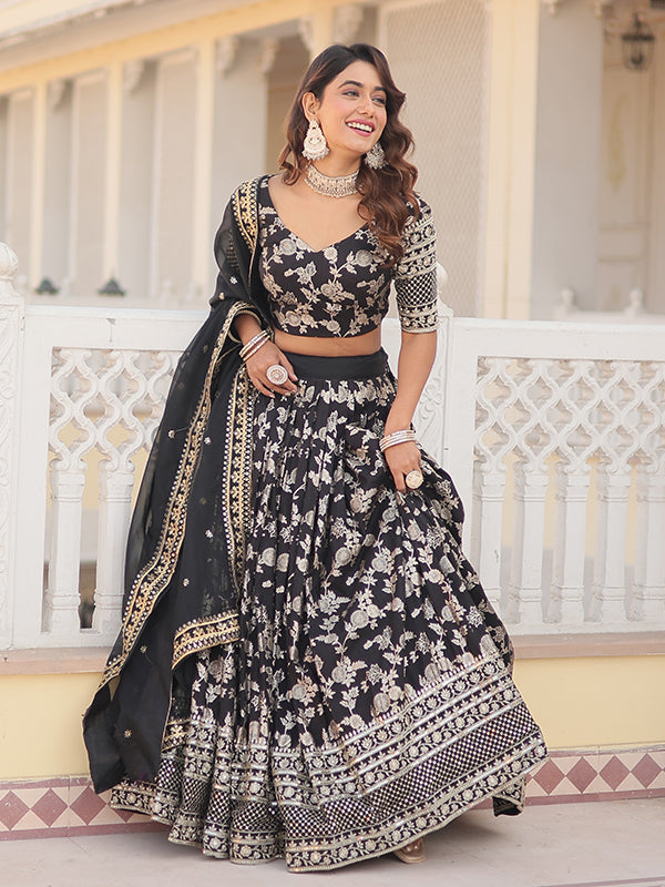 Black Viscose Jacquard With Embroidered Sequins Lehenga Choli