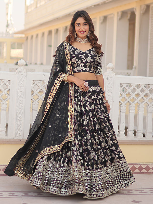 Black Viscose Jacquard With Embroidered Sequins Lehenga Choli