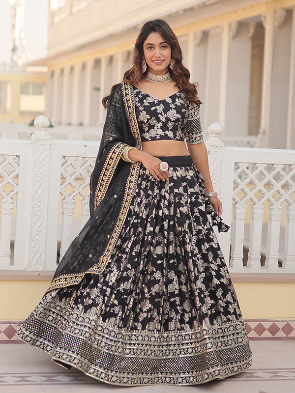 Black Viscose Jacquard With Embroidered Sequins Lehenga Choli