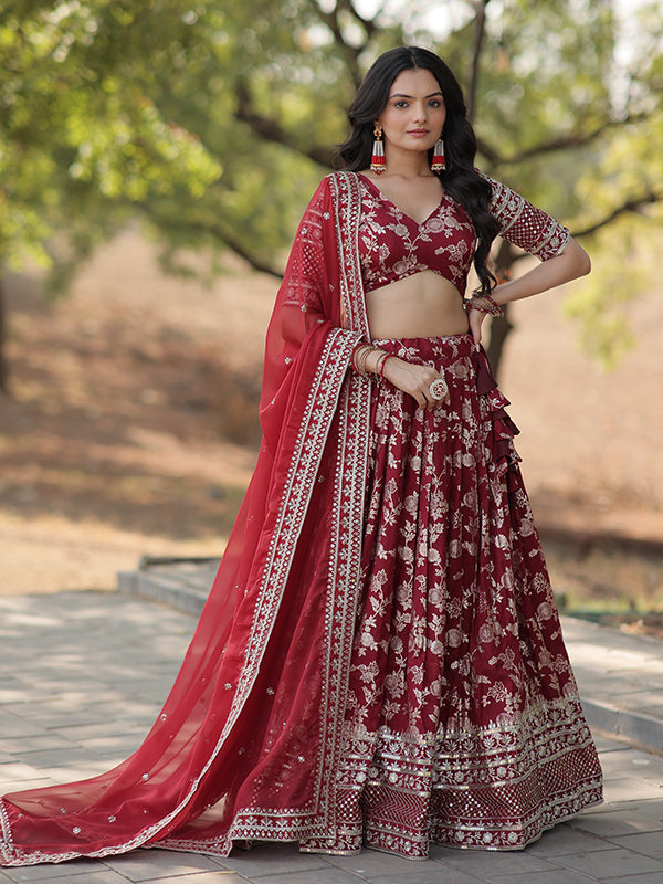 Maroon Viscose Jacquard With Embroidered Sequins Lehenga Choli