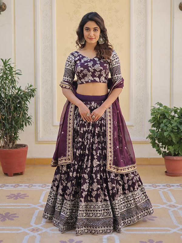 Wine Viscose Jacquard With Embroidered Sequins Lehenga Choli