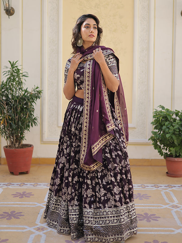 Wine Viscose Jacquard With Embroidered Sequins Lehenga Choli