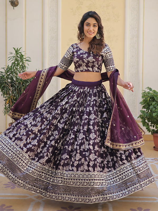 Wine Viscose Jacquard With Embroidered Sequins Lehenga Choli