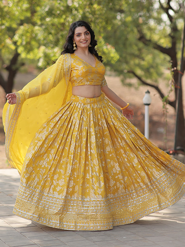 Yellow Viscose Jacquard With Embroidered Sequins Lehenga Choli