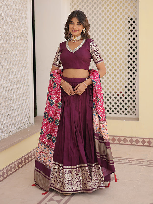 Wine Viscose Jacquard Lehenga Choli With Gajji silk Dupatta