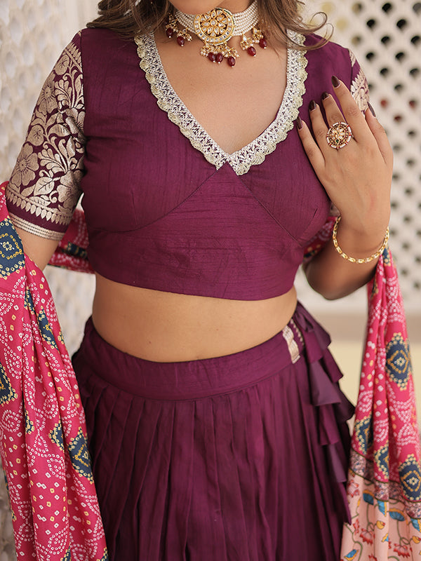 Wine Viscose Jacquard Lehenga Choli With Gajji silk Dupatta