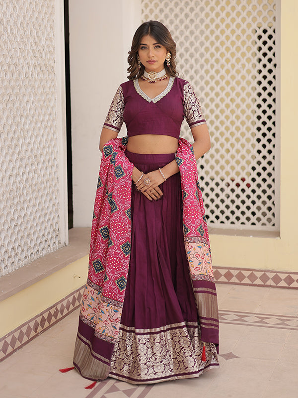 Wine Viscose Jacquard Lehenga Choli With Gajji silk Dupatta