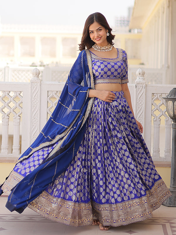 Blue Viscose Jacquard With Embroidered Sequins Lehenga Choli