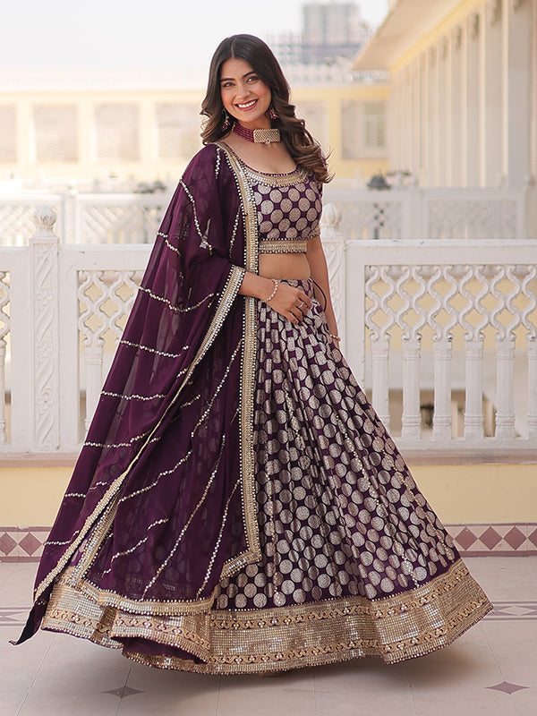 Wine Viscose Jacquard With Embroidered Lehenga Choli