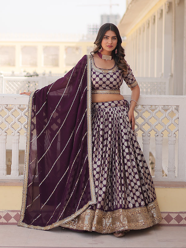 Wine Viscose Jacquard With Embroidered Lehenga Choli