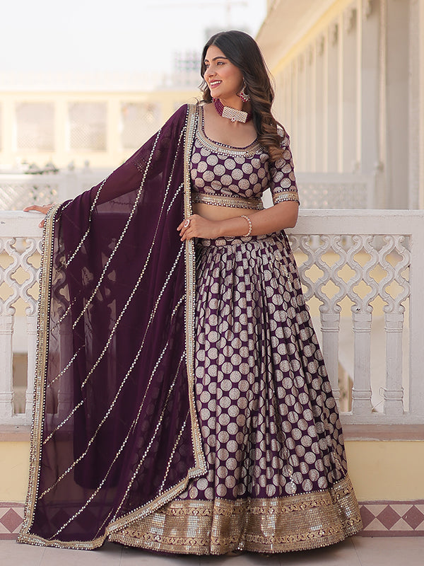 Wine Viscose Jacquard With Embroidered Lehenga Choli