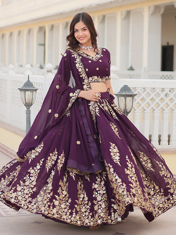 Wine Georgette With Sequins Embroidered Sequins Lehenga Choli