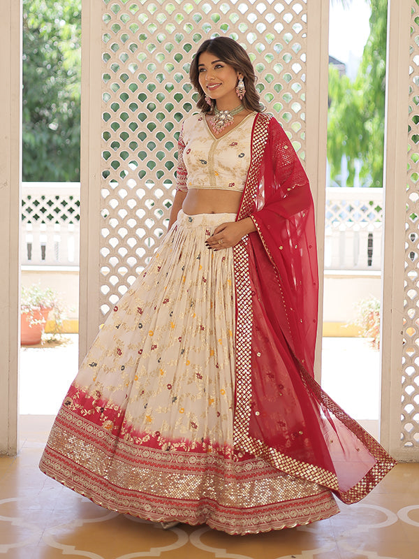 White Viscose Jacquard With Embroidered Sequins Lehenga Choli