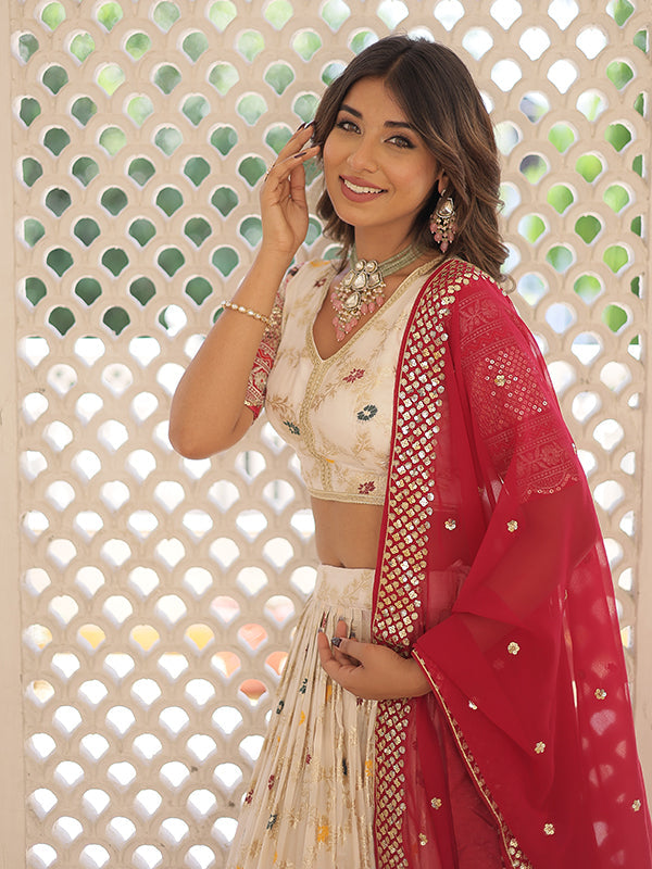 White Viscose Jacquard With Embroidered Sequins Lehenga Choli