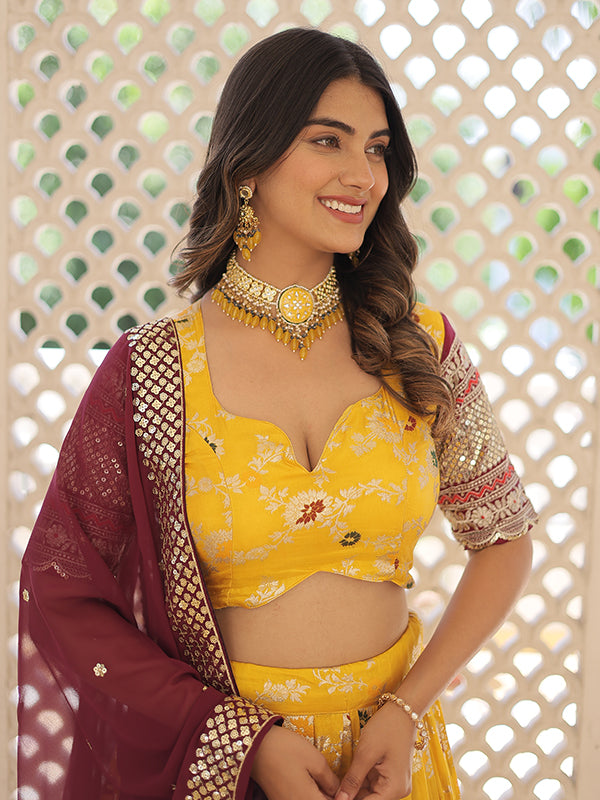 Yellow Viscose Jacquard With Embroidered Sequins Lehenga Choli