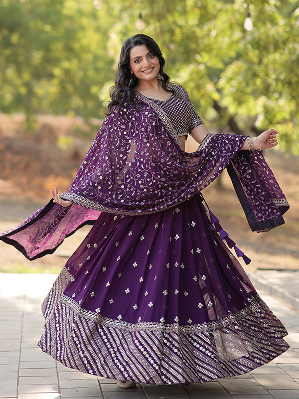 Purple Faux With Sequins Embroidered Sequins Lehenga Choli