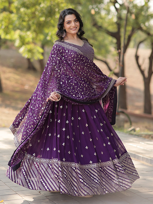 Purple Faux With Sequins Embroidered Sequins Lehenga Choli