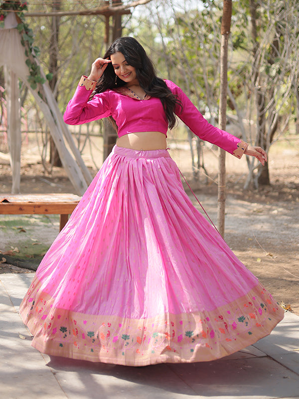 Pink Viscose Jequard With Kalamkari Jari Border Lehenga Choli