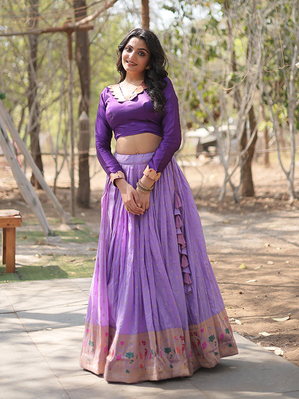 Lavender Viscose Jequard With Kalamkari Jari Border Lehenga Choli