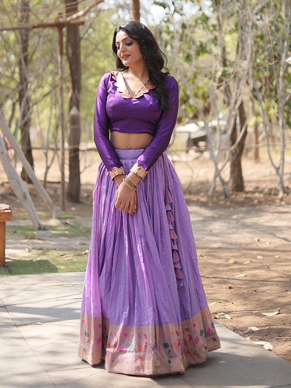 Lavender Viscose Jequard With Kalamkari Jari Border Lehenga Choli