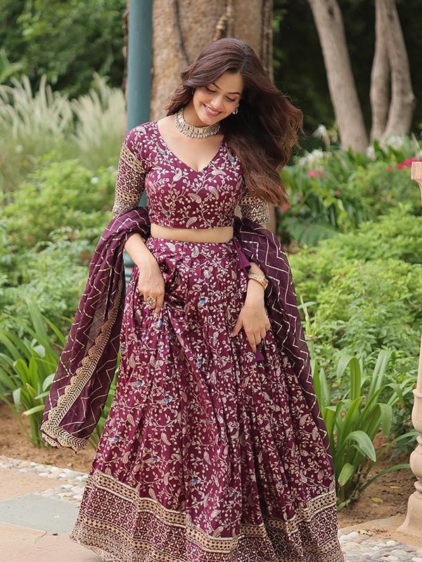 Wine Viscose Jacquard With Embroidered Sequins Lehenga Choli