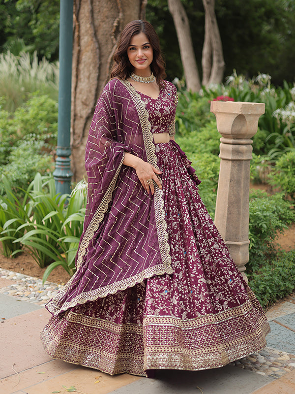 Wine Viscose Jacquard With Embroidered Sequins Lehenga Choli