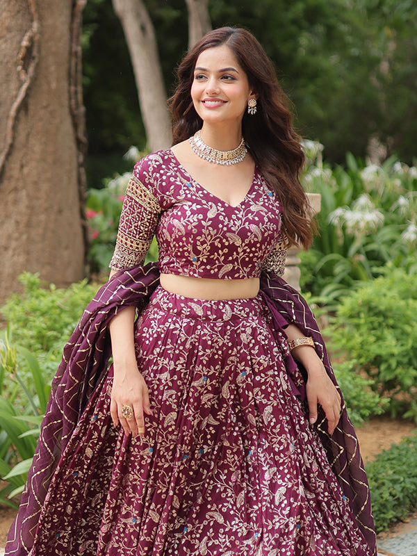 Wine Viscose Jacquard With Embroidered Sequins Lehenga Choli