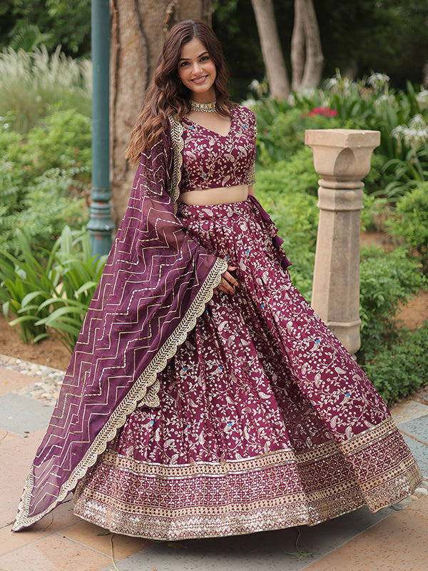 Wine Viscose Jacquard With Embroidered Sequins Lehenga Choli