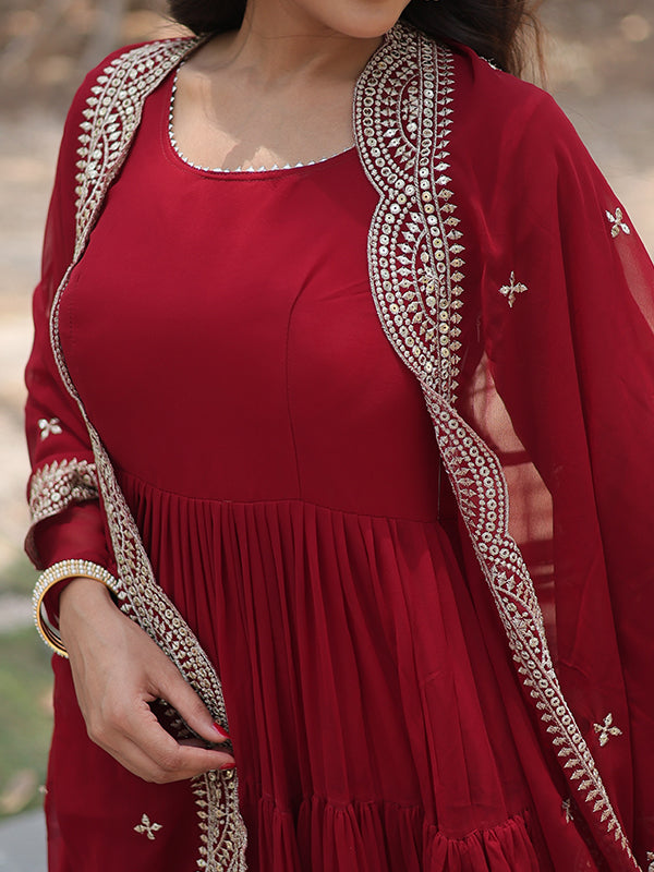 Maroon Faux Blooming Plain Gown With Sequins Work Dupatta