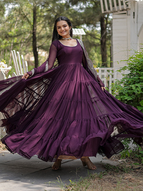 Wine Faux Blooming Plain Gown With Sequins Work Dupatta