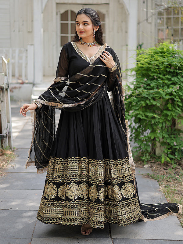 Black Faux Blooming Designer Lace Border Gown With Dupatta