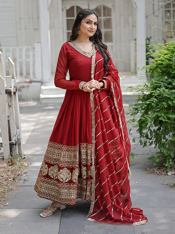 Maroon Faux Blooming Designer Lace Border Gown With Dupatta