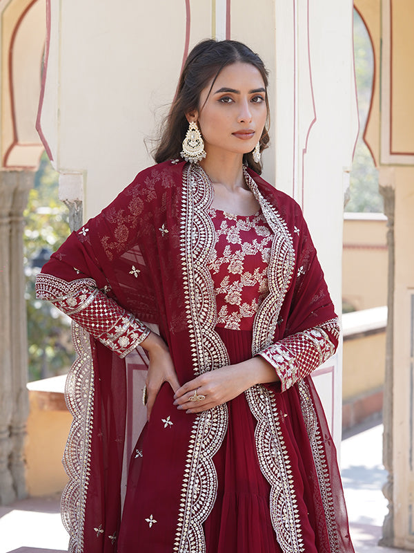 Maroon Viscose Sequins Embroidered Work Gown With Dupatta